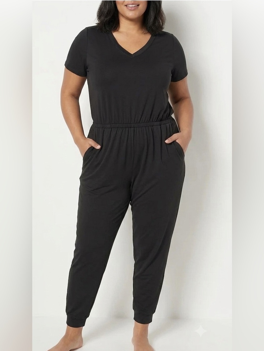 Cuddl Duds Black V‑Neck Short Sleeve Jumpsuit